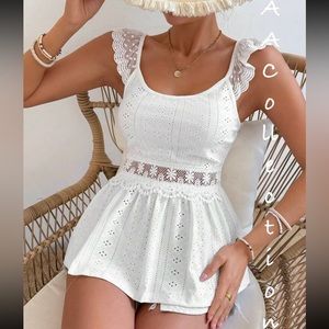 Boho Sheer Mesh Floral Lace Eyelet Embroidered Top Blouse Shirt White